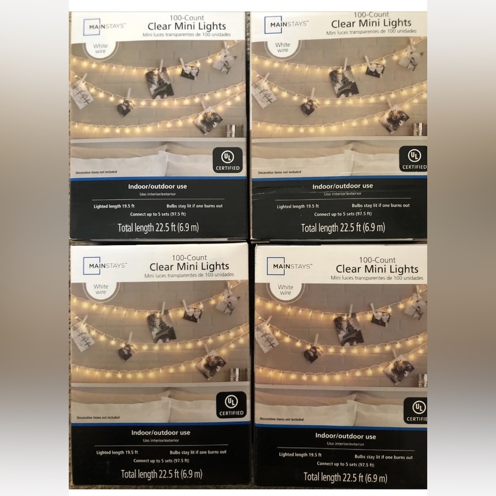 4x Mainstays 100ct Clear Mini Lights White Wire Indoor/Outdoor 22.5ft Holiday